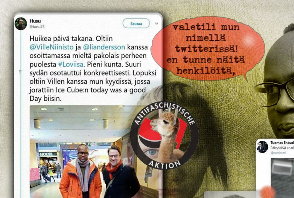 Taitava tyyppi tämä Husu, heti jos on
kysymys jostain missä pääsisi näkyville
niin paikalla ollaan.
Sattuu koipeen niin ei kyllä missään oo oltu!
____________________

Loviisan jutusta tuli pannukakku, selvisi 
taas punavihreiden ja vasemmiston antifasistiset tavoitteet.

Se on kumma kun kaikki tällainen ala-arvo porukka
kasautuu tuonne vasemmisto siipeen joko Yle:n,MTV:n tai 
valtavalemedian likaisen työn toimittajiksi, puhumattakaan poliittisista niskalaukaus-puolueista.  