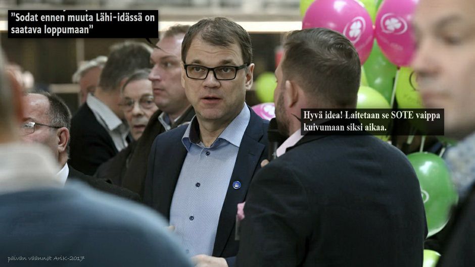 Harvinisen yksitoikkoista politiikkaa, 
jos tuota nyt sellaiseksikaan voi sanoa.
Jo vuosi sitten minäkin kansakoulun käynyt
etukäteen tiesin miten tuossakin käy, sen kummempia 
asiantuntijoitakaan en ole tarvinnut.

Sodat jatkuu Lähi-idässä niin kuin ennenkin, kulisseja 
vain vaihdellaan pienten taukojen aikana.
Sitä paitsi ulkohuoneministeri Soinin hokemia ei saa 
toiset toistaa, saattaa vielä loukkaantua kun työt viedään.

Sote vaippakin on kuivumassa ilman että siihen tarvittiin
sitä 
